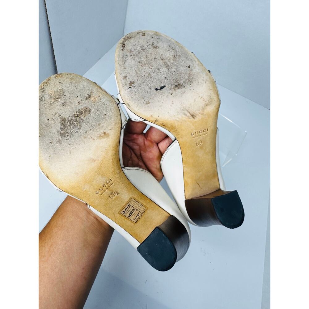 Gucci Ivory Leather Bamboo Horsebit Open Toe Pumps Women Mule Heel Size 6B - Picture 6 of 10